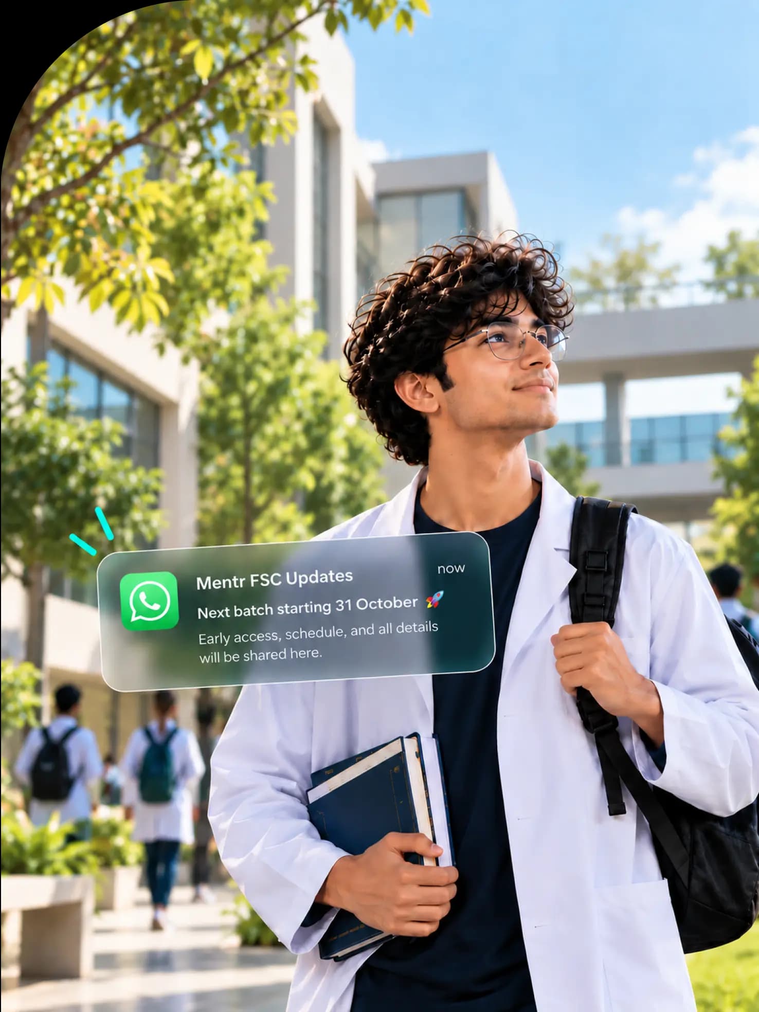 Student holding books, with a Mentr FSC Updates WhatsApp message: next batch starting 31 October
